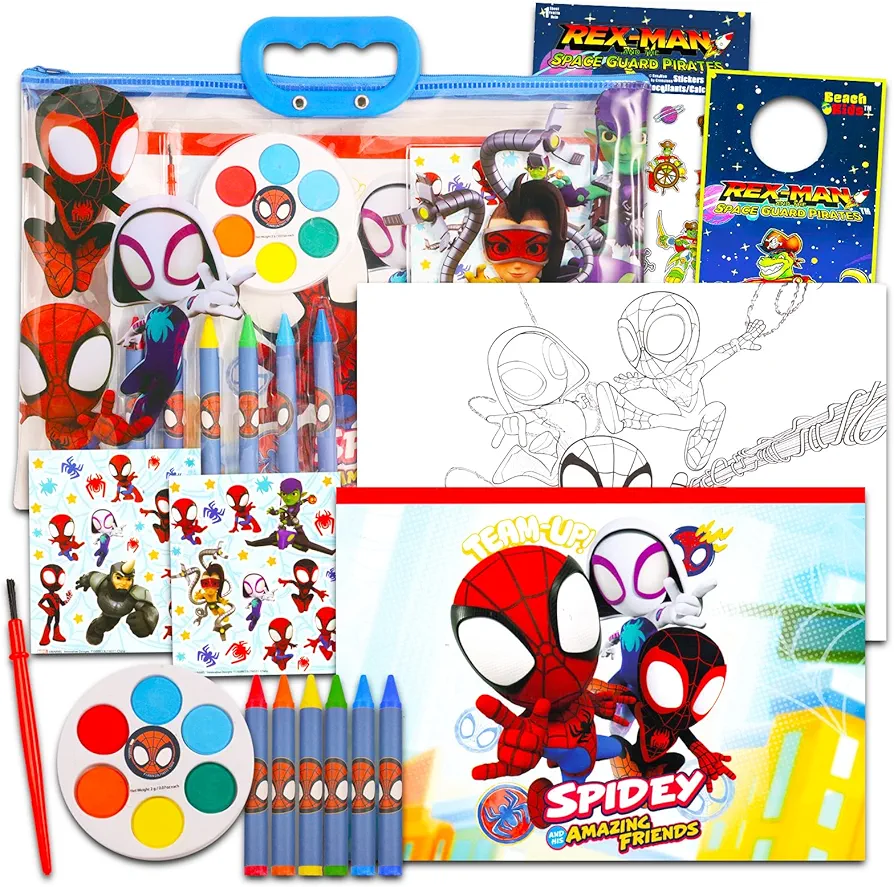 Spidey and His Amazing Friends Drawing and Painting Set for Boys - Spidey Gift Bundle with Coloring Book, Coloring Utensils, Watercolor Paints, Stickers, and More | Spiderman Crafts for Kids