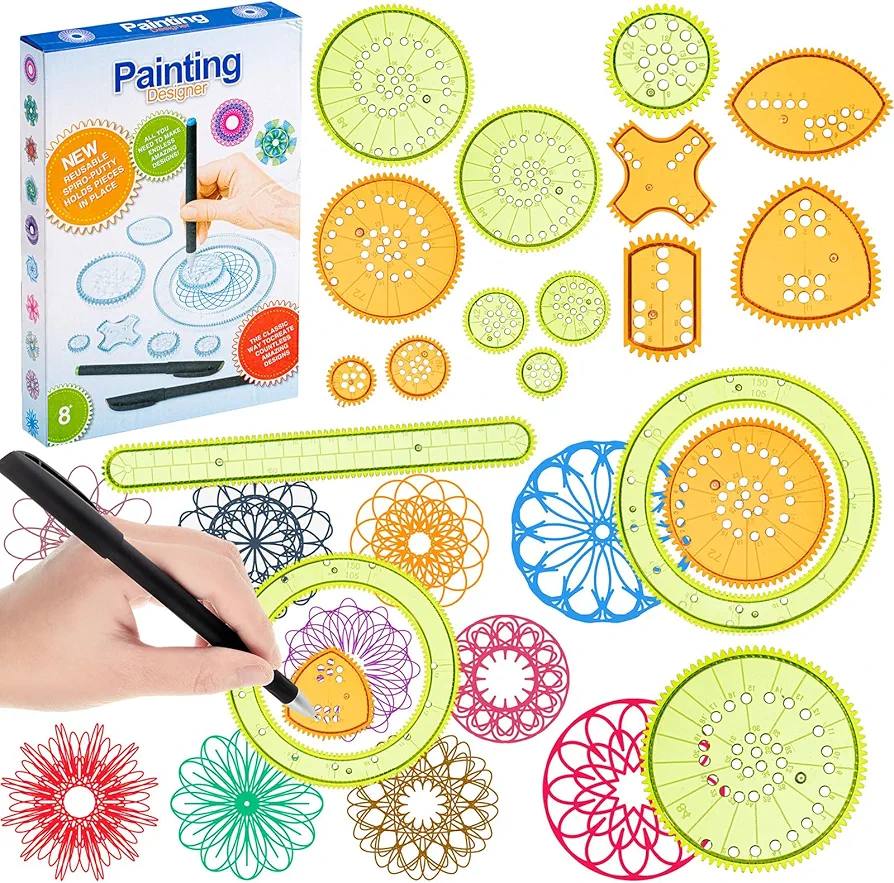 Chivao Spiral Art Gear Geometric Ruler 28 Pcs Spiral Circle Template for Drawing Plastic Template Ruler Drawing Toys Spiral Curve Stencils with Pens Paper for Drawing DIY Art Crafts Sketch (Vivid)