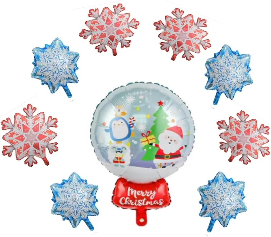9pc Christmas Globe and Snowflake Foil Balloon Set Set, 23" Large Red Ornament Globe, 22" Blue Snowflakes, 28" Large Red Snowflakes