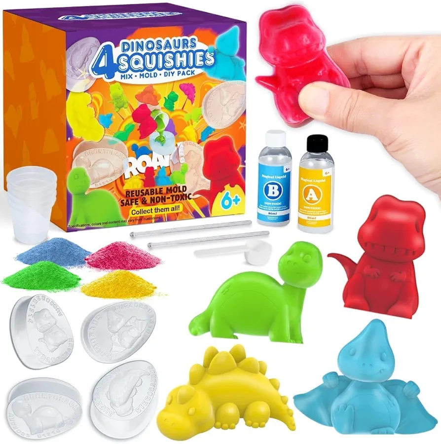 DIY Squishy Toys for Kids 6 Years +, Kids Arts and Crafts Activities Kit Create Your Own Mochi Squishy Fidget Toys - 4 Different Dinosaurs Characters for Kids Party or Daily Playtime