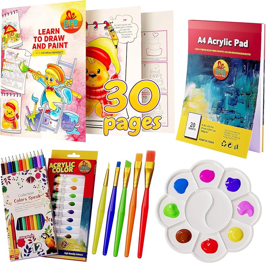 BFB Paint Set for Kids - 32PCS Drawing and Painting Kit with Learn to Draw Instructional Booklet, Premium Art Supplies for Children,Paint Set for Creative Learning, Ages 7+