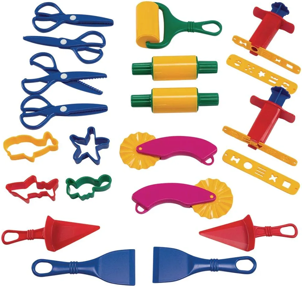 Colorations Plastic Clay & Dough Starter Playset in Storage Jar, 21 Pieces, Assorted, Class Pack, Party Pack includes Rollers, Spatulas, Cutters, Extruders, Arts & Crafts, for Kids