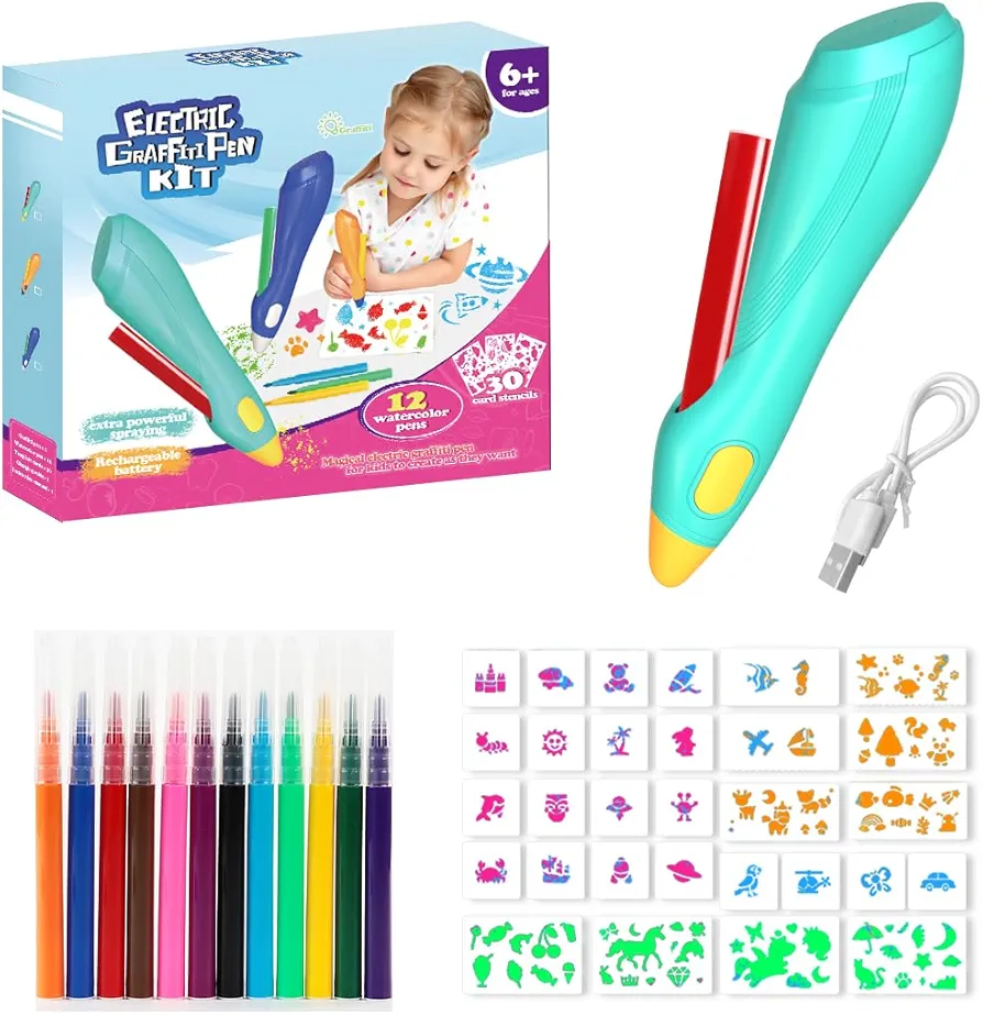 Graffiti Pen, Cordless Electric Airbrush Sprayer, Water Color Spray Pen, Airbrush Marker Set 12 Colors, Washable Watercolour Paints Pens Art and Crafts Gift Painting Drawing
