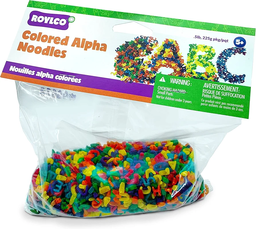 ROYLCO Colored Alpha Noodles, 1/2 lb bag, Alphabet Noodles, 6 Vibrant Colors, Art Supplies, Craft Supply, Ready to Craft, Non-toxic, Ages 4+, Made in the USA, Bright Colors, Easy & Fun