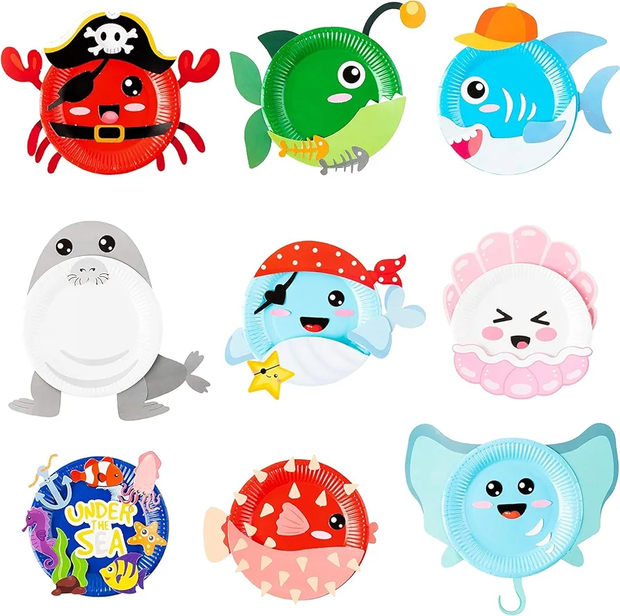 Generic 9 Pack Sea Animal Paper Plate Art Craft for Kids - Ocean Animal DIY Art Project Dolphin Shell Whale Crab Under The Sea Themed Party Game Decorations Kindergarten Classroom Supplies Activity