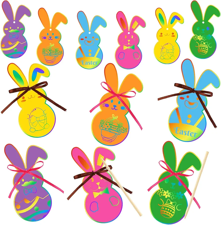 Whaline 96Pcs Easter Scratch Paper Art Bunny Rainbow Scratch Art Set Colorful Rabbit Magic Scratch Ornaments with 96Pcs Ribbons and 48Pcs Wooden Styluses for DIY Crafts Party Decor