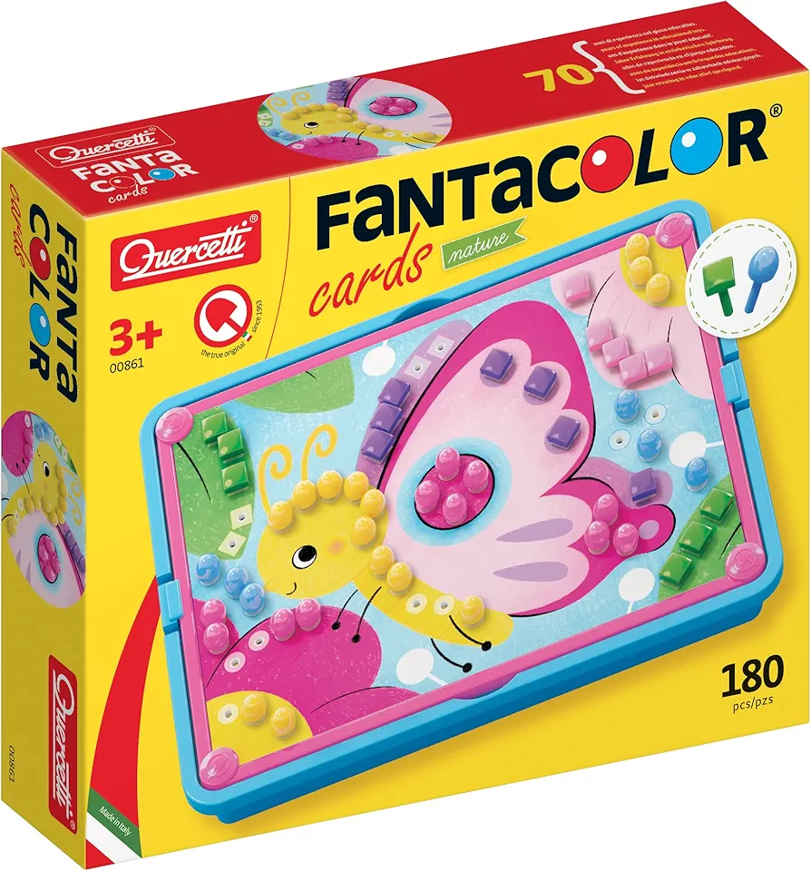 Quercetti FantaColor Cards Nature - 180-Piece Mosaic Button Art Set Includes 180 Colored Pegs and Design Templates, for Kids Ages 3 Years and up