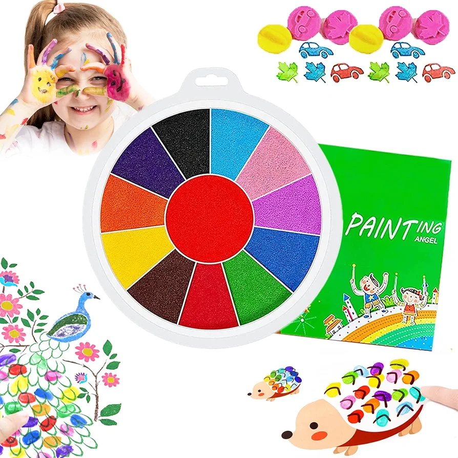 Funny Finger Painting Kit for Kids - Washable Non Toxic Kids Finger Paint Pad Set - 12 Colors with Painting Book & 6 Picture Stamp - Toddlers Art Craft School and Home Painting Projects (12 Colors)