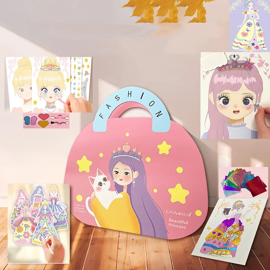 4-in-1 Paper Craft Kit- Foil Fun Art Kit Games, Diamond Painting Games, Makeup Games, Sticker Games, Birthday Gifts for Kids 3 4 5 6 7 8 Years Old (pink)