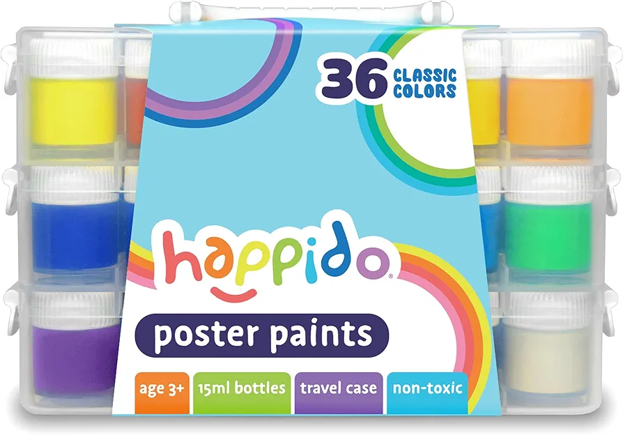 Happido Poster Paints, 36 Classic Colors - Non-Toxic Brightly Colored 15 ml Paint Bottles, Great for Craft Projects and Coloring, Comes with Carry and Storage Case, Art Supplies for Kids of All Ages