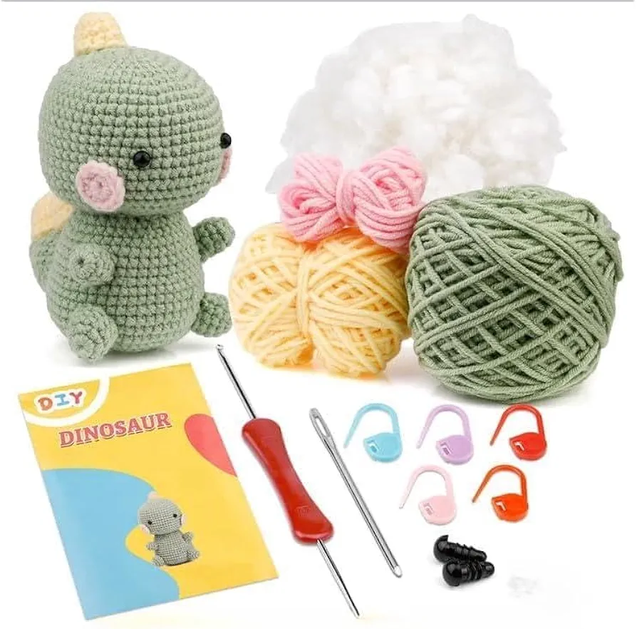 GKEVER Crochet Kit for Beginners, Knitting Kit with Yarn, Polyester Fiber, Crochet Hooks, Step-by-Step Instructions Video, Crochet Starter Kit for Beginner DIY Craft Art (Dinosaur), GREEN