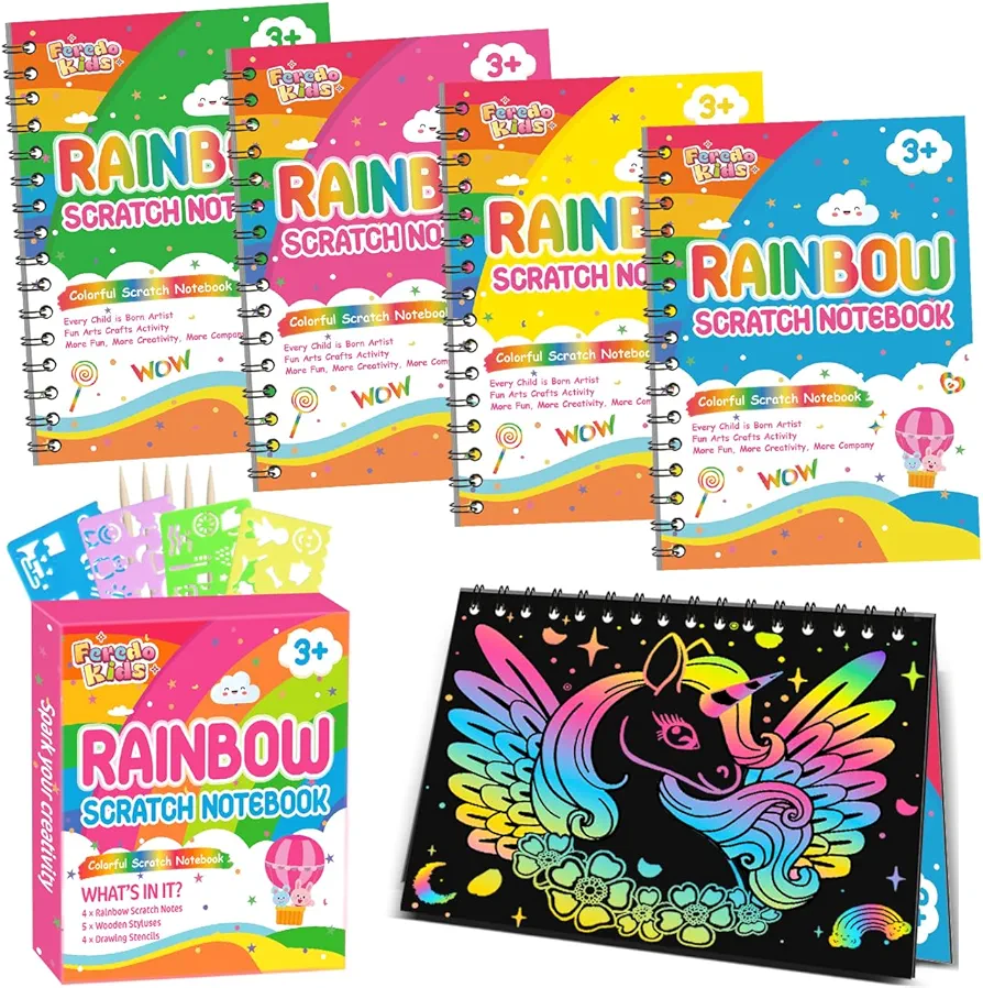 Birthday Party Favors: 4 Pack Rainbow Scratch Notebook Bulk Party Favors for Kids Goodie Bags Prize Box Toys for Kids Classroom School Supplies Christmas Gifts Kids Crafts