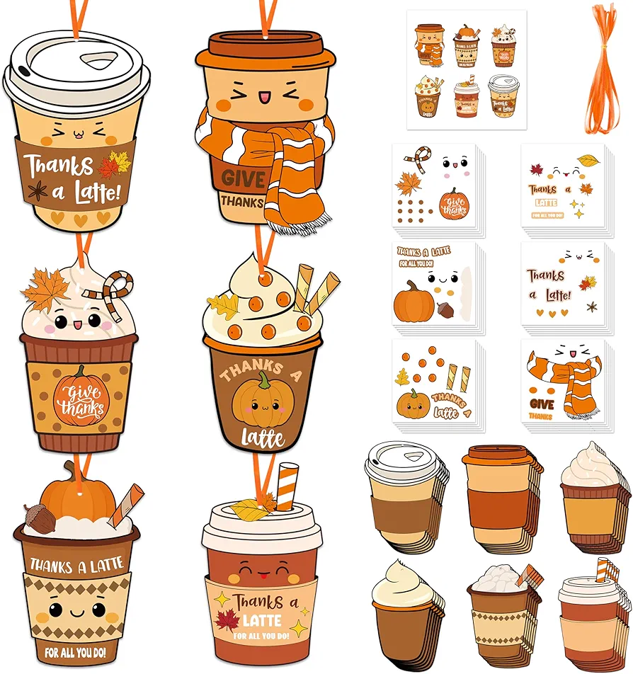 Fall Thanks a Latte Sign Craft Kit for Kids- 36Set Bulk Autumn DIY Paper Craft Sticker Hanging Ornament Craft Kit for Classroom VBS Activities Sunday School Fall Thanksgiving Exchange Gifts