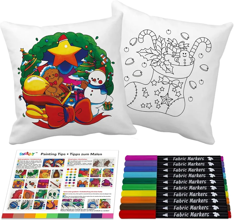 SNEILJOY Throw Pillow Covers for Kids Painting Set, Arts and Crafts for Kids Ages 6-12, 2 PCS Cushion Cover (15.5×15.5 in) with 10 Fabric Markers, Art Supplies, Party Favors for Kids 8-12.