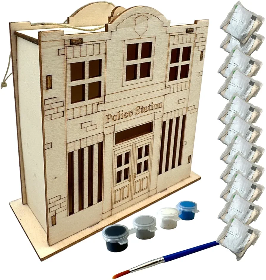 Oojami Wooden Police Station Crafting Kit: 12 DIY Unfinished Police Station Decoration Party Favors Supplies Ideal for Kids and Adults of All Ages with Paints and Brush (DIY)