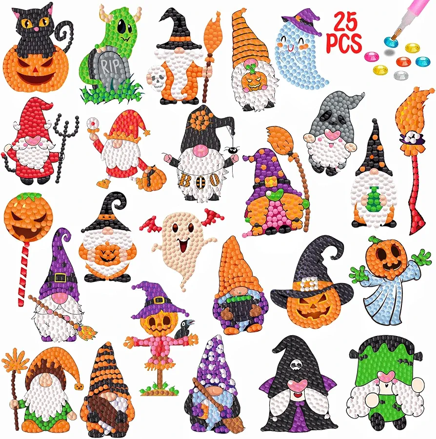 MEIEST 25 PCS Halloween Diamond Art Painting Stickers Kits,Diamond Mosaic Stickers by Numbers Crafts Set for Kids,Creative Handmade Art Craft GIF