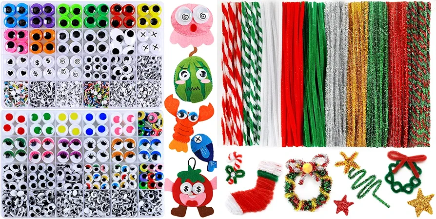 IOOLEEM 180pcs Christmas pipe cleaners + 2310pcs googly wiggle Eyes, art and craft supplies.