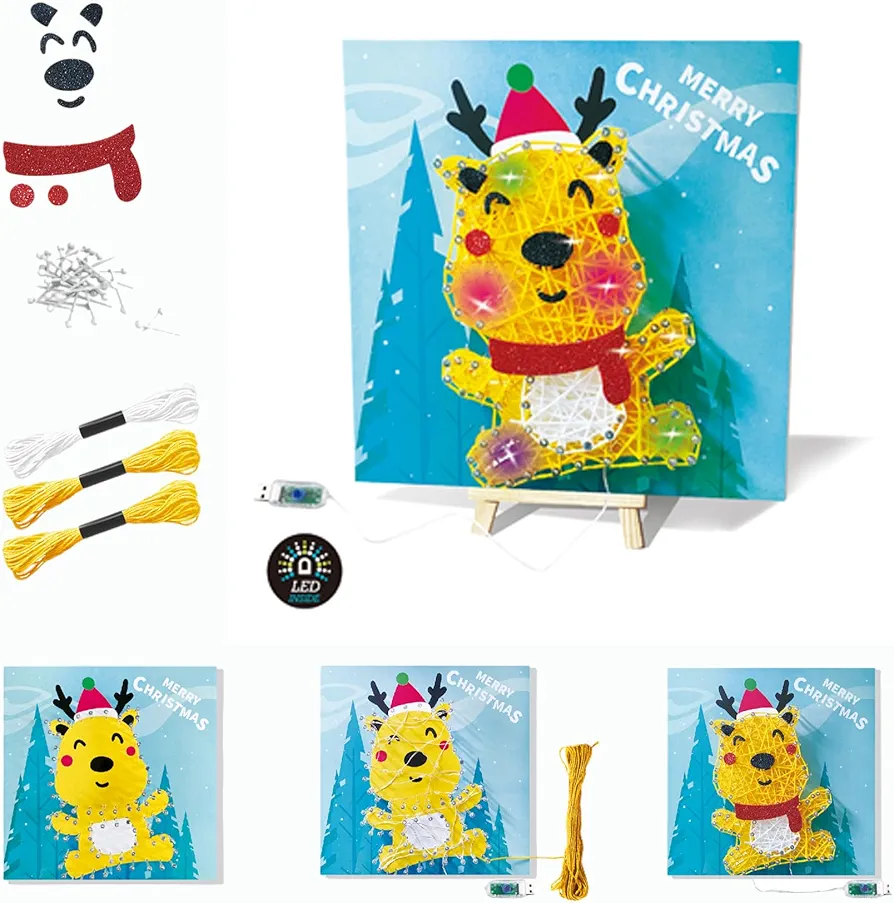 eirix Christmas Elk String Art Craft Kit with USB Plug-in LED String Lights Inside and Small Easel, Xmas Holiday DIY Toys Gifts for Kids 6+ (ELK-Yellow)