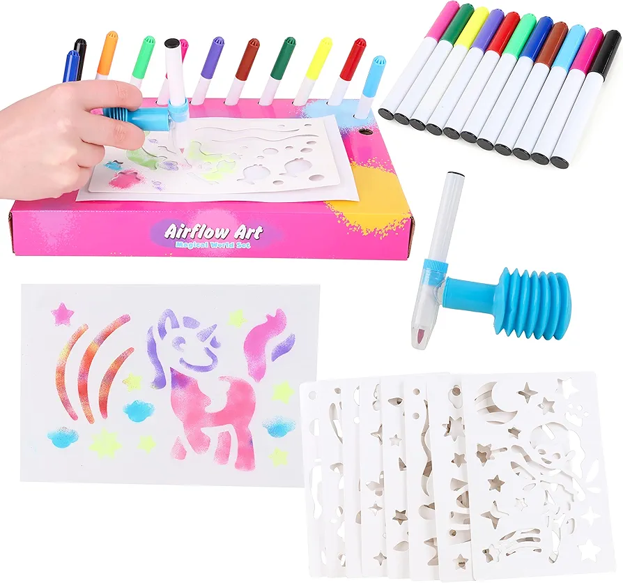 Toyland® Airflow Art Magical World Set - Includes 12 Colours, Airflow Pen Adaptor & 8 Stencils - Girls Arts & Crafts - Creative Toys