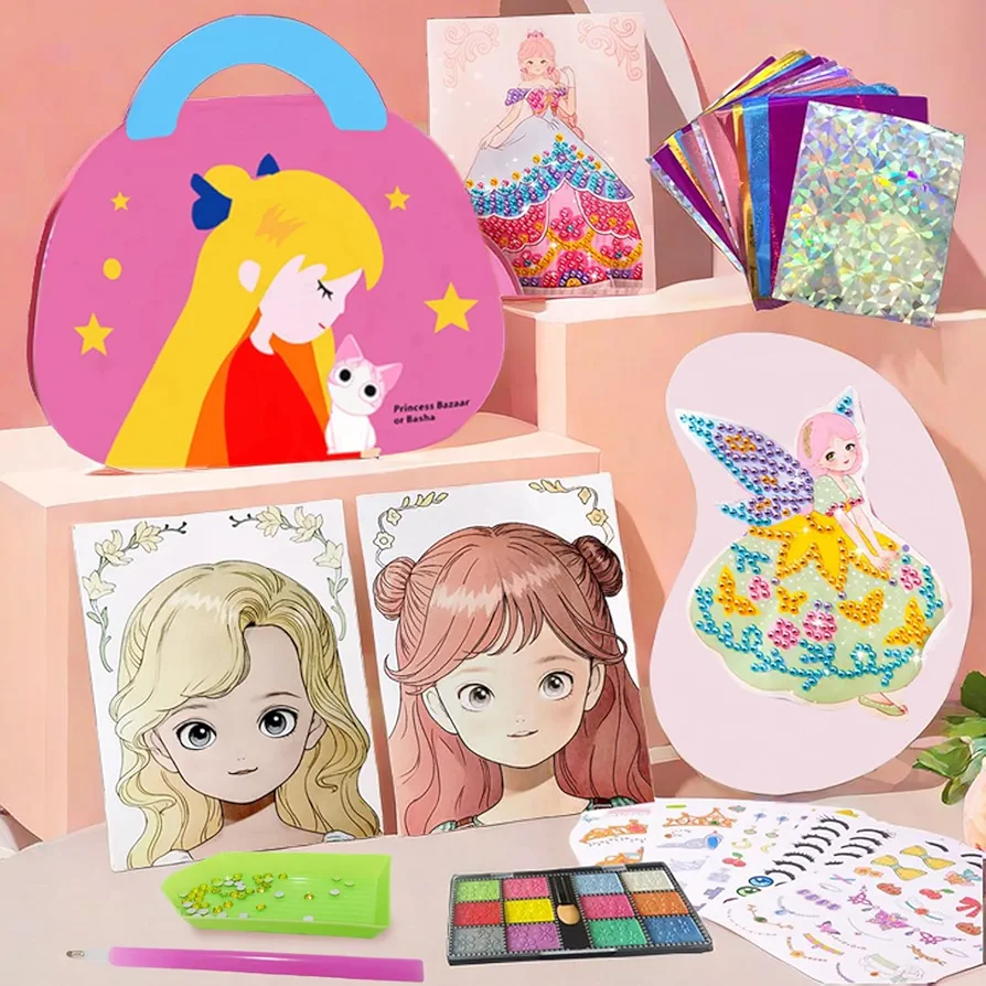 4 in 1 Paper Craft Kits - Fashion Design Make Up Drawing Book Foil Art & Diamond Painting Books, Make Up Play on Paper, Travel Toys, Girls Gifts Toys for Kid