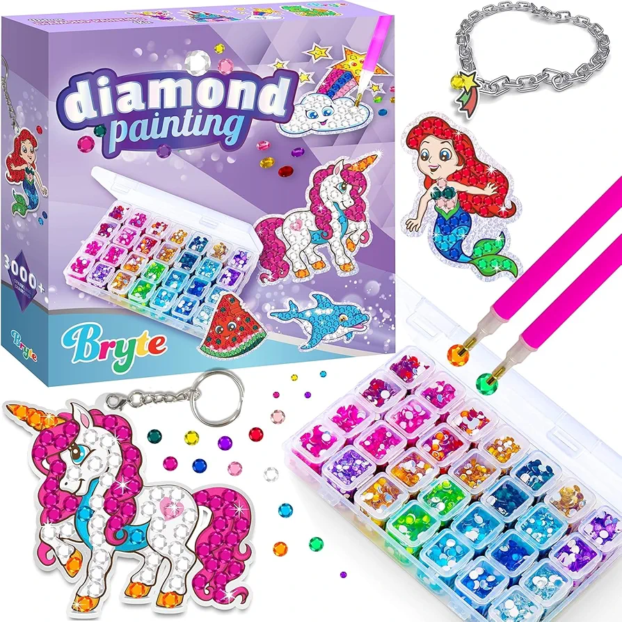 BRYTE Gem Art Diamond Painting Kits for Kids - Unicorn and Mermaid Craft Kit with Storage Case, Jewelry, Keychains, Stickers and More - Arts and Crafts - Perfect Toys and Gifts for All Ages