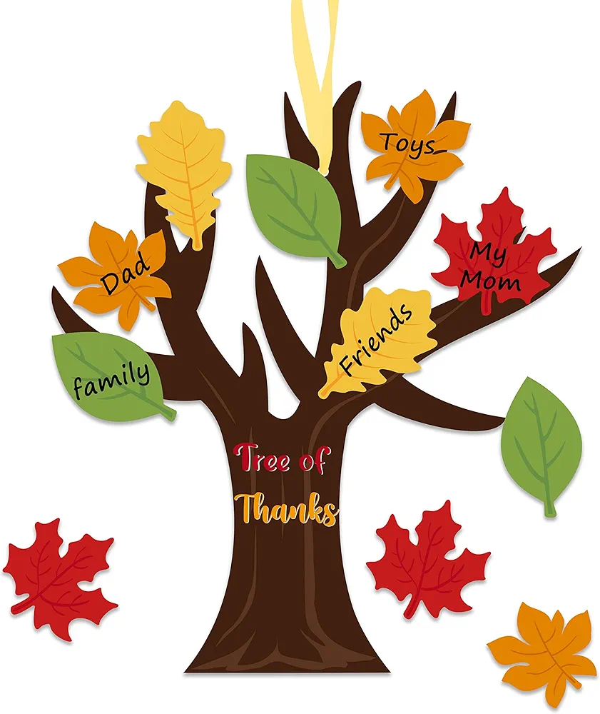 Haooryx 24 Pack Tree of Thanks Make Your Own Thanksgiving Tree Hanging Ornament, DIY Fall Thanksgiving Craft Kit Kids Classroom Autumn Thankful Art Project Activity Thanksgiving Party Home Decoration
