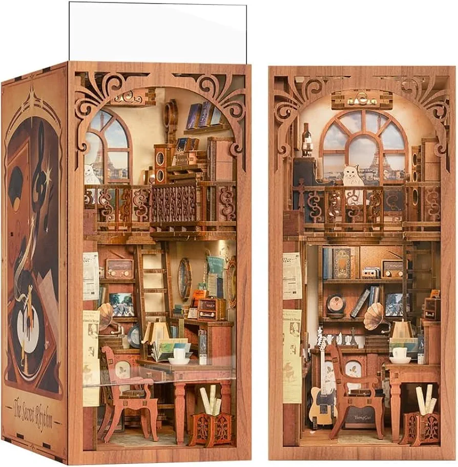 Fsolis Book Nook Kit, DIY Miniature Dollhouse Kit with Dust Cover 3D Wooden Puzzle for Adults Decorative Bookend Bookshelf Decor Craft Building Kit Gift for Women Teens