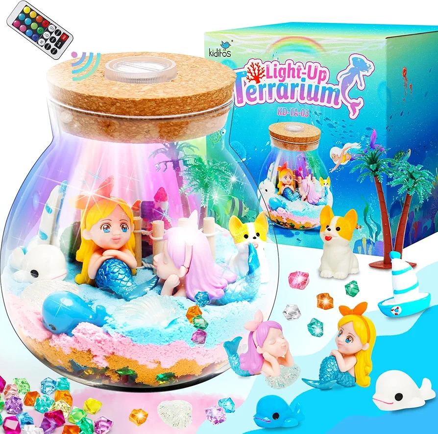 Arts&Crafts Light Up Mermaid Terrarium DIY Toy Kit for Kids,Great STEM Christmas&Birthday Gift for Little Girls&Boys Age 8+,Make Your Own Night Light,Decoration Bottles with LED