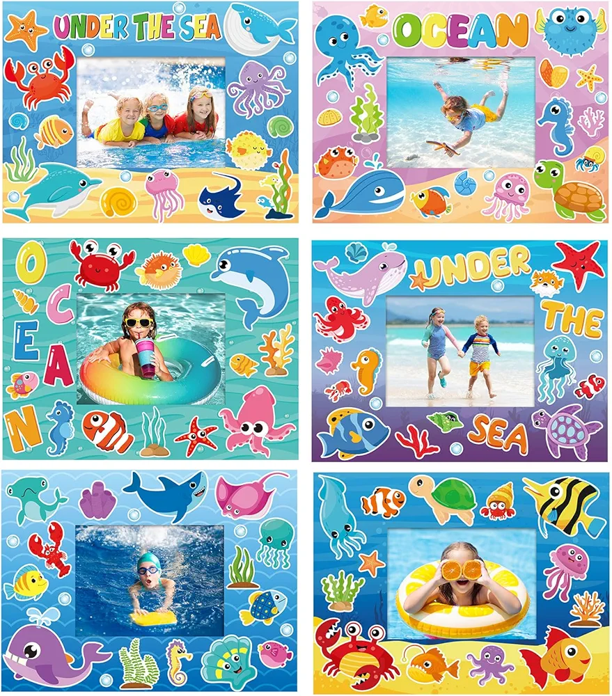 24 Pack Summer Back to School Craft Kit Hawaiian DIY Picture Frame Craft Hello Summer Children Stickers for Kids School Classroom Aloha Beach Pool Summer Party Gifts Game Supplies (Sea Animals)