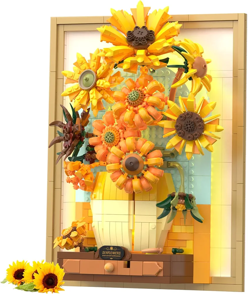 NUTCRACKER Sunflower Flower Building Set with Sensor Light, 3D Sunflower Van Gogh Painting Frame Wall Art Crafts for Home Office Decor, Flower Building Toys, Gift for Adult Women Girls (1166 Pieces)