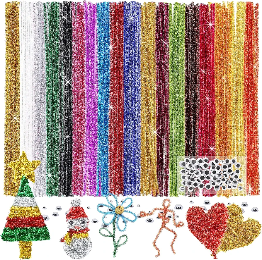 Caydo 200 Pieces Glitter Pipe Cleaners with 100 Pieces Wiggle Eyes 14 Colors Chenille Stems Metallic Sparkle Craft Pipe Cleaner for DIY Art and Crafts Creative Projects