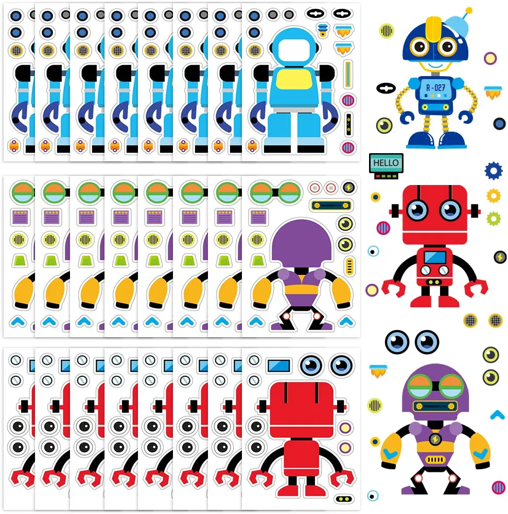 ArtCreativity Make Your Own Robot Character Sticker Assortment, Set of 24 Sheets, Unique Arts ‘n Crafts Activity Supplies Kit for Kids, Sticker Prize, Fun Birthday Party Favor, Goodie Bag Filler