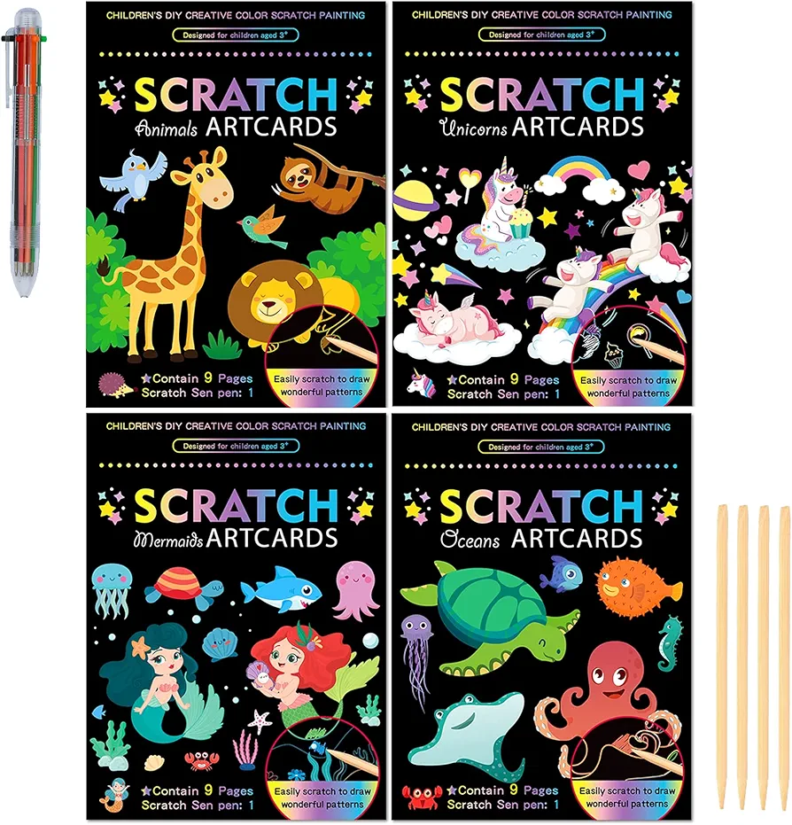 SuyuanArt Animal Unicorn Ocean Mermaid Double Sided Design Color Scratch Rainbow Art Paper Set for Kids,Girls Boys Scratch Off Magic Drawing Crafts Party Favors
