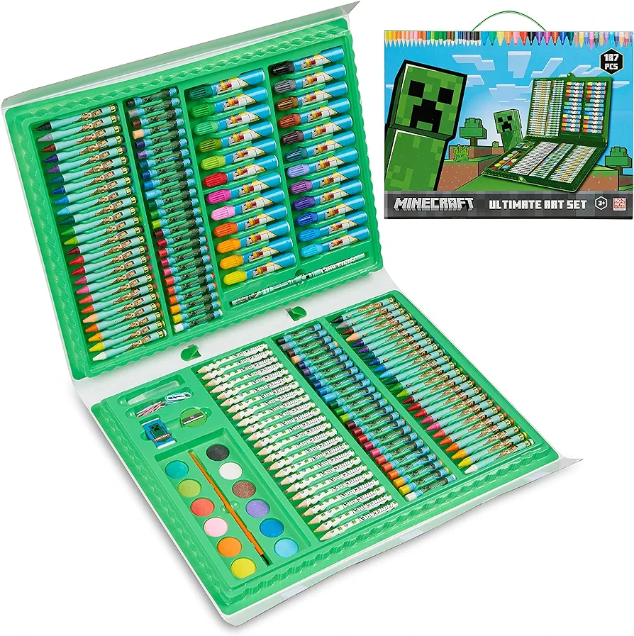 Minecraft Art Supplies for Kids Art Set for Boys Painting Creeper Crayons Paints Markers Oil Pastels Filled Art Case Colouring Sets for Children Travel Case