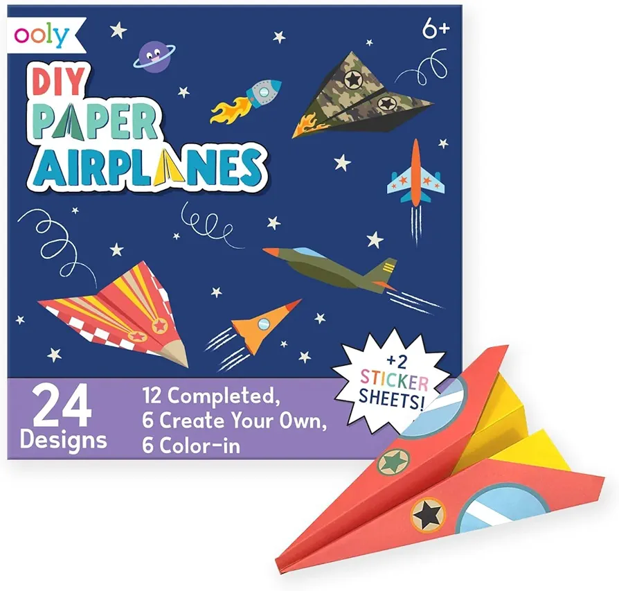 Ooly DIY Paper Airplane Book, 24 Paper Planes & Stickers, Paper Airplane Kit Includes 12 Completed, 6 Blank & 6 Color-in Paper Planes, Great Summer Arts & Crafts Activities for Boys and Girls