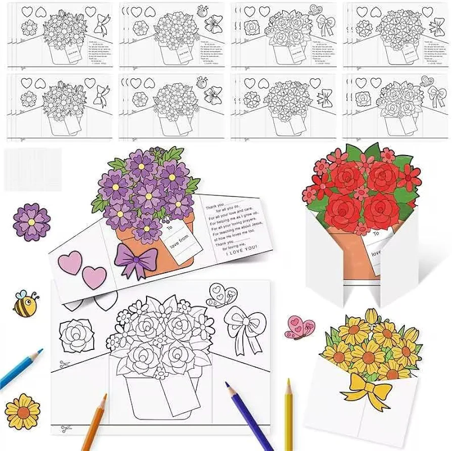 COcnny Mothers Day Crafts for Kids - 24pcs Mother's Day Gifts Jesus Coloring Flower Card Arts Kit From Kids, DIY Color Bouquet Paper, Make Your Own Floral Crafting Mom Gift for Classroom Sunday School