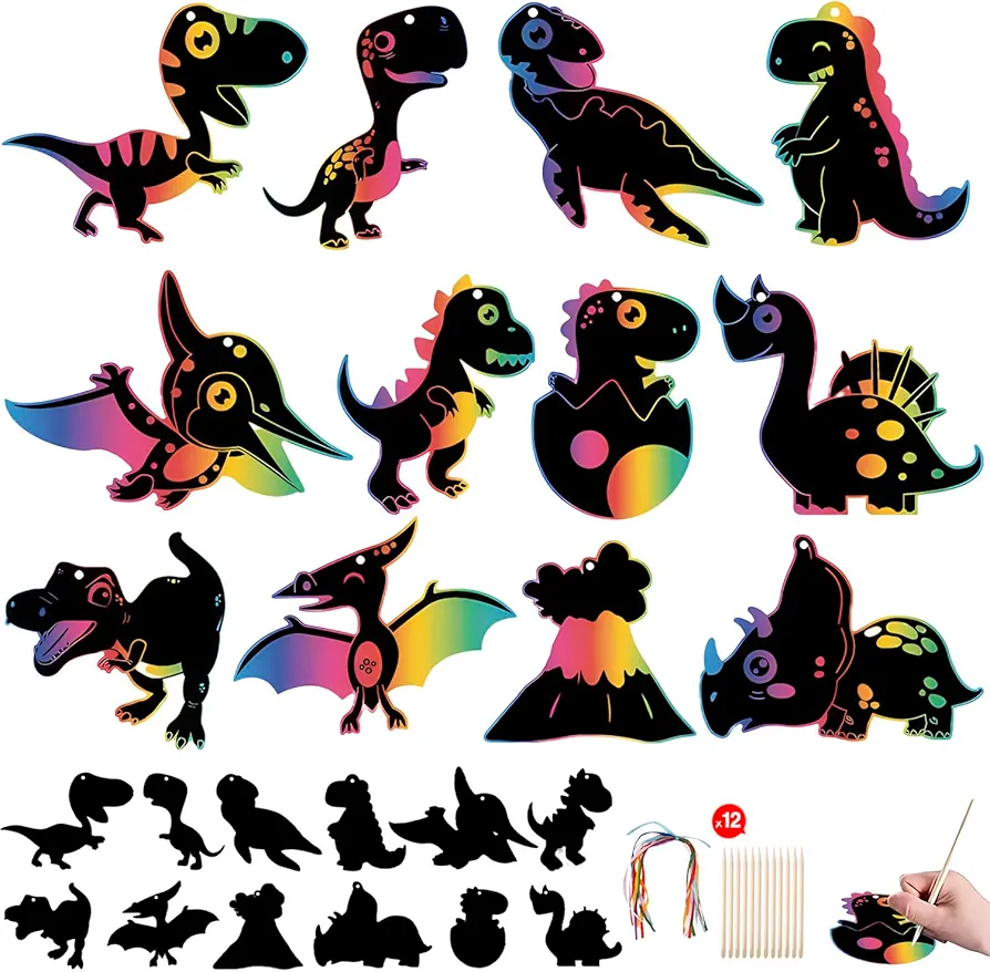 12 Pcs Dinosaur Scratch Paper Art Set Hanging Craft Art Kits Magic Rainbow Animal Scratch Cards with 12 Pcs Wooden Stylus and 12 Pcs Ribbons for Kids Classroom Party Favor DIY Art Decor