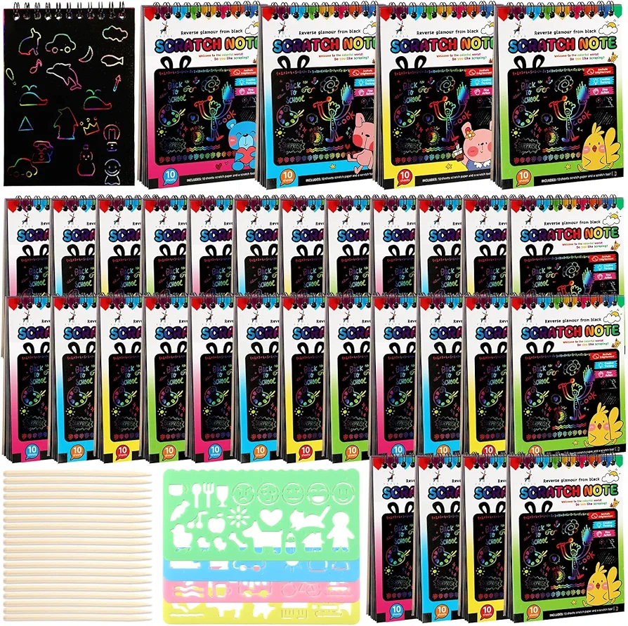 Shappy 36 Sets Scratch Paper Notebooks Note Pads Party Favors Coloring Books Art Supplies Kit with Stylus Drawing Stencils for Girls Boys Birthday Valentine's Day Easter Gift
