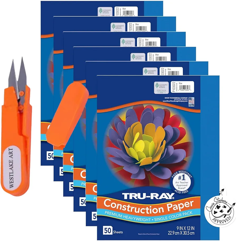 Construction Paper 9X12, 50 Ct - Vibrant Blue Construction Paper, Bundle with Embroidery Scissors - Heavyweight Blue Color Paper Sheets Ideal for Crafts & Education ~ [Pack of 6]