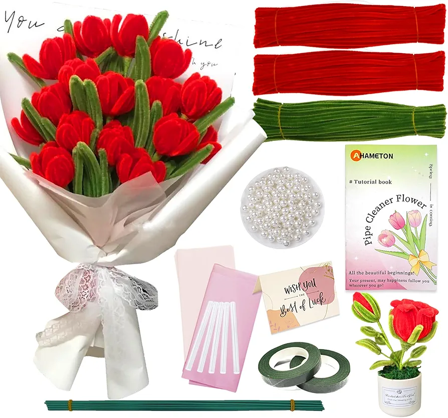 480PCS Pipe Cleaners Craft Supplies DIY Roses Red Fluffy Pipe Cleaners Green Bouquet Supplies Pipe Cleaners Bulk DIY Rose Tulip Flower Bouquet Kit Chenille Stems for Wedding Gift, Holiday Decoration