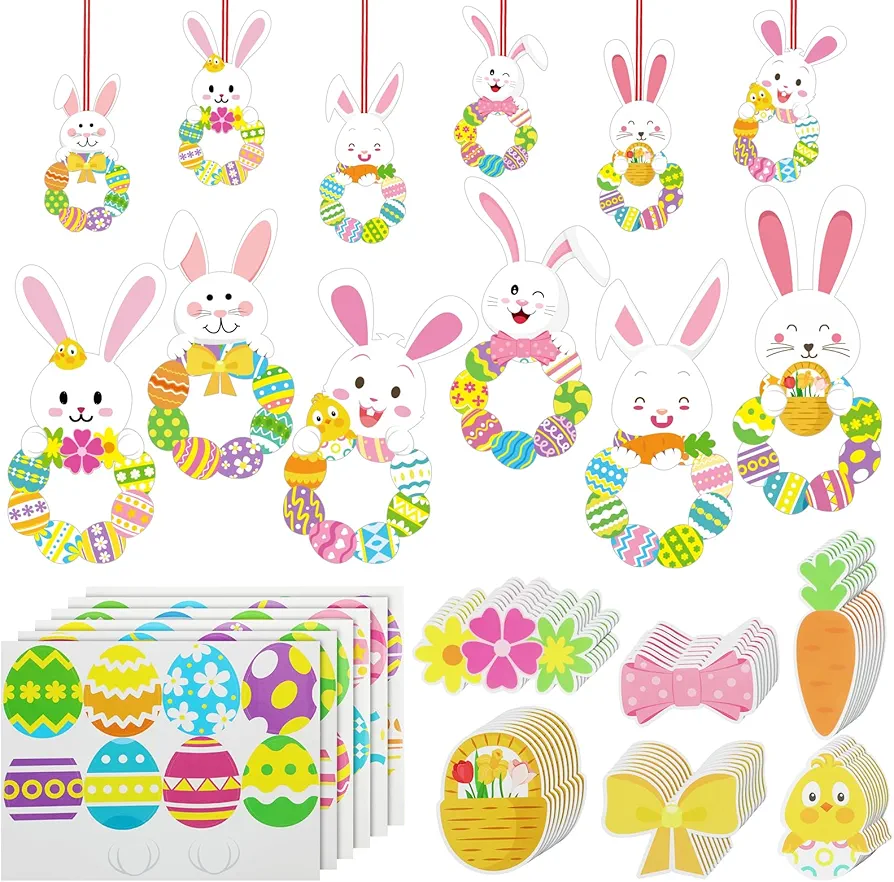 Relaxgiant 24 Sets Easter Wreath Craft Kits for Kids Easter Bunny Wreath DIY Craft Easter Wreath Signs Decorations Rabbit Eggs DIY Easter Stickers for Kids and Fun Home Activities, 6 Styles