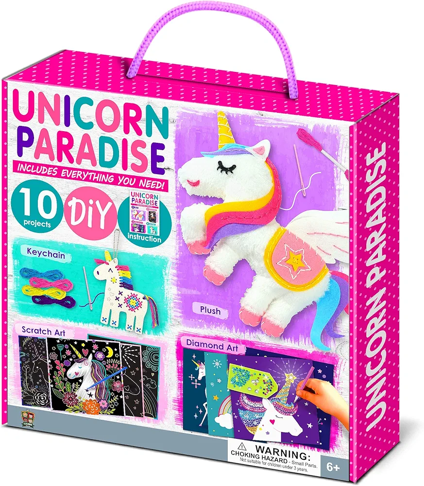 My Unicorn Paradise 4-in-1 DIY Mega Kit for Kids (10 arts and crafts projects: Sewing Kits for doll and keychain, Scratch Art, Diamond Art) handcraft/creative art/DIY craft