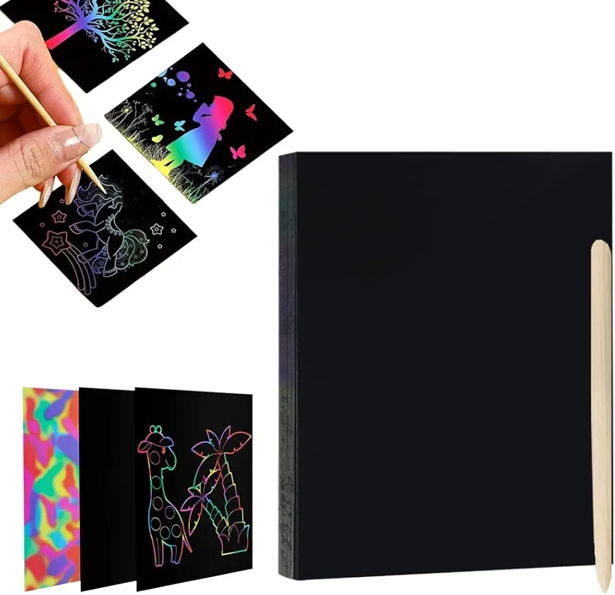 HCPBRS DIY Rainbow Scratch Paper Art Set, Rainbow Scratch Paper with Pen, Scratch Notes Scratch Paper Art for Kids, Drawing Cards Notes Kids' Paper Craft Kits (50 Pcs/Set_116.9 * 82.7in)
