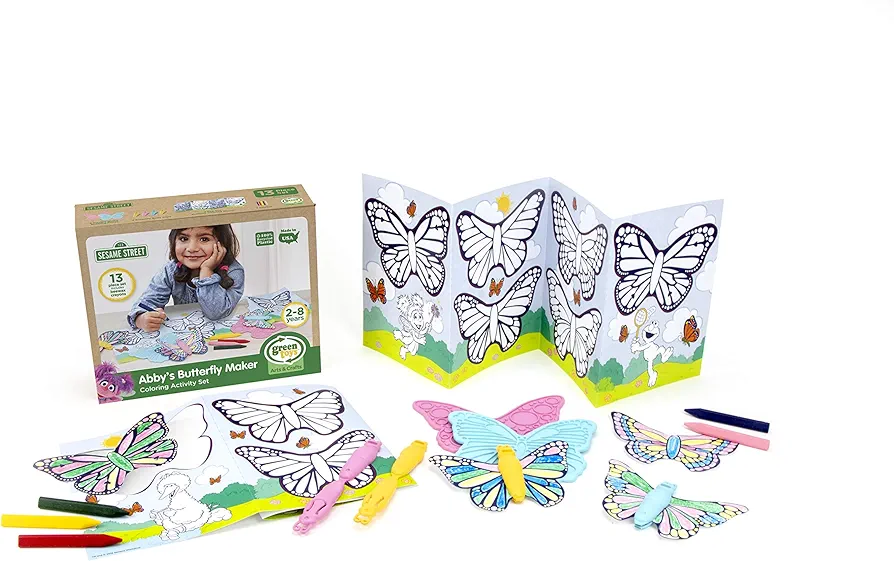 Green Toys Sesame Street Abby's Butterfly Maker Coloring Activity Set-13 Piece Pretend Play,Motor Skill,Creative Art,Crafts Kids Toy Set,No BPA,phthalates,PVC.Dishwasher Safe,Recycled Plastic,USA Made