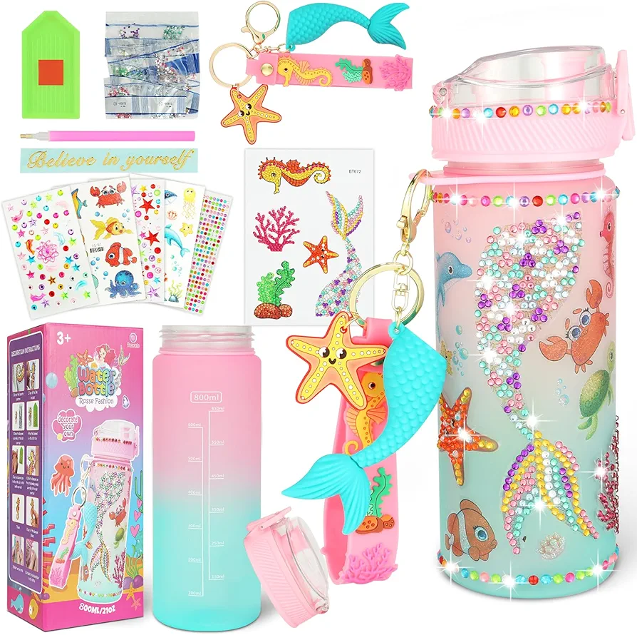 MUSUNFE Decorate Your Own Water Bottle Kits for Girls Age 4 5 6 7 8 9 10 11, Mermaid Gem Girls Diamond Painting Crafts, Fun Arts and Crafts Gifts Toys for Girls Birthday (Colored Mermaid)