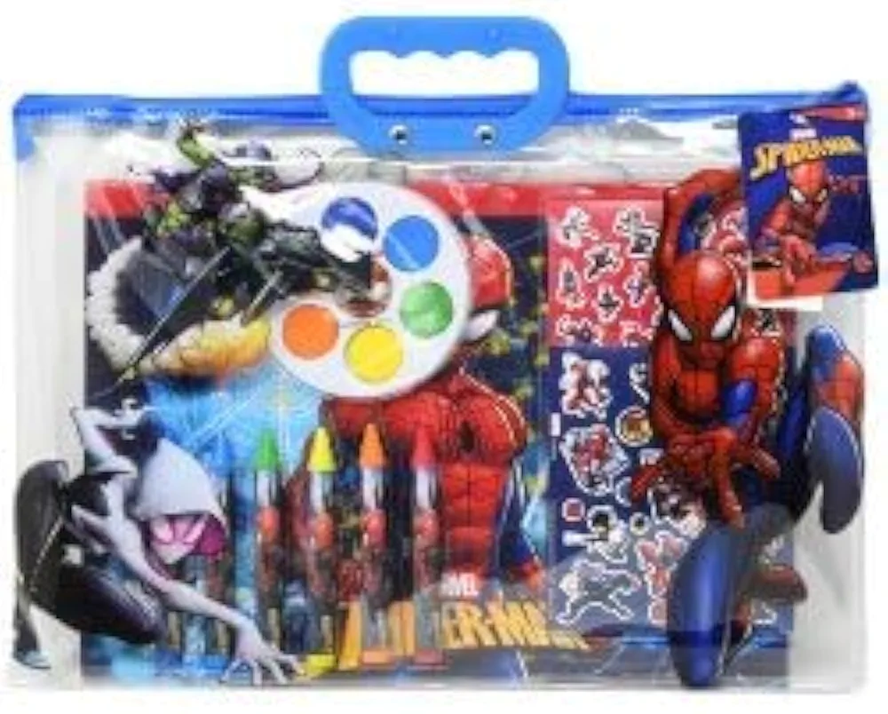 Spiderman Activity Art Set - Stationary Art Kit for Kids in Zipper Tote, Includes Stickers, Crayons, Watercolors, and Coloring Book, Ideal Art Supplies Kit for School, Travel, or Home - 12 Pieces