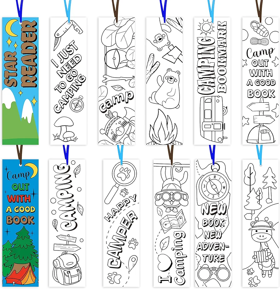 ANGOLIO Camping Party Coloring Bookmarks - 150P Color Own Camp Bookmarks Kids DIY Blank Bookmarks Party Game Prize Art Craft Big Pack Supplies Back to School Book Fillers Classroom Read Club Rewards