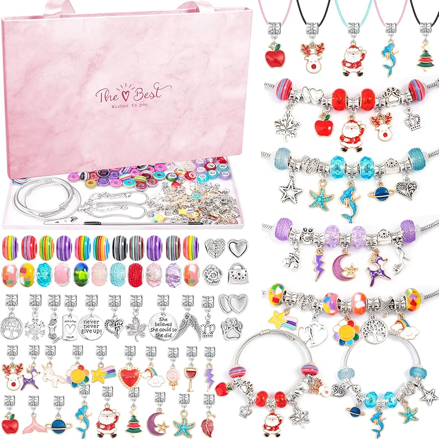 200 Pcs Charm Bracelet Making Kit, Jewelry Making Supplies Beads, Bracelets Kits for Girl Age 6-12 Unicorn Mermaid Craft Toy Set for 5 6 7 8 9 10 12 Year Old Teenage Birthday Christmas Stocking Gift