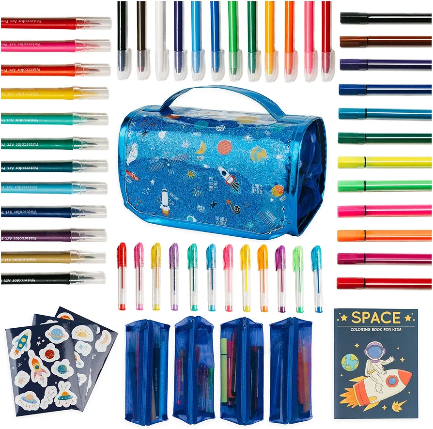 PapaKit Creative Art Coloring Set (Outer Space), Includes Travel Bag, Assorted Washable Marker Set, Glitter Pens & Coloring Pages, Art Supplies Great Gift for Kids