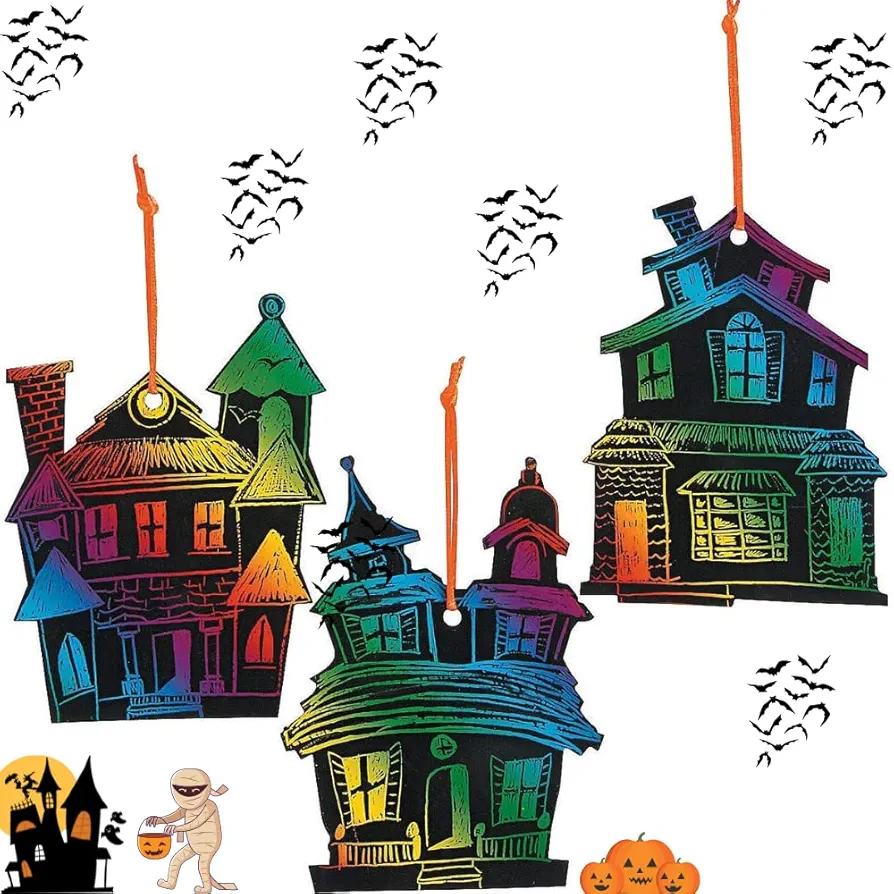 Halloween Magic Scratch Crafts for Kids and Adults - DIY Halloween Decorations - Haunted House Arts and Crafts Ornaments - Includes 24 Haunted House Ornaments, 24 Scratch Sticks, 24 Satin Cord Ribbons